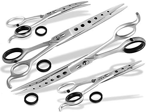 4-Teiliges Grooming Tier Fellscheren Hunde Haarscheren Pfotenscheren SET Exklusive Ausführung mit Lochdesign Scheren für Fell Pelz und Tierhaare
