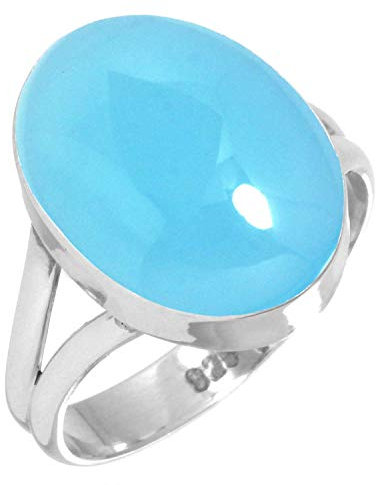 Jeweloporium 925 Silber Ringe für Frauen Größe 58(18.5) Blauer Chalcedon mit Stein Solitär Silber Ringe Weihnachten - Geschenk Kostüm Schmuck