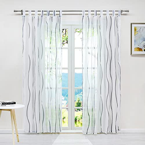 ESLIR Gardinen mit Schlaufen Vorhänge Gardinenschals Transparent Schlaufenschal Wellen Muster Voile Grau BxH 140x245cm 1 Stück