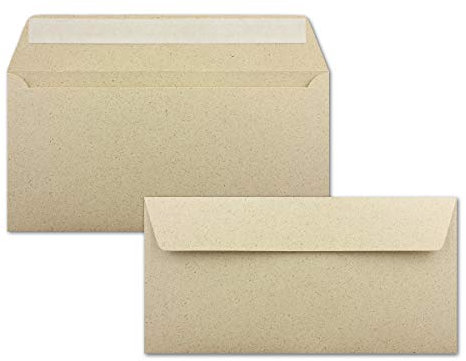 100 DIN Lang Briefumschläge Kraftpapier Ökopapier Umweltpapier aus Graspapier - 11 x 22 cm - 120 g/m² - Haftklebung Umschläge ohne Fenster - Glüxx-Agent