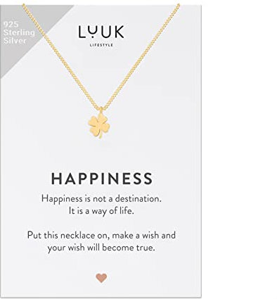 LUUK LIFESTYLE Halskette mit Kleeblatt Anhänger und HAPPINESS Geschenkkarte, 925er Sterlingsilber, Schmuck für den Alltag, Strand, wasserfest, Glücksbringer, Glücks und Schutzsymbol, Gold