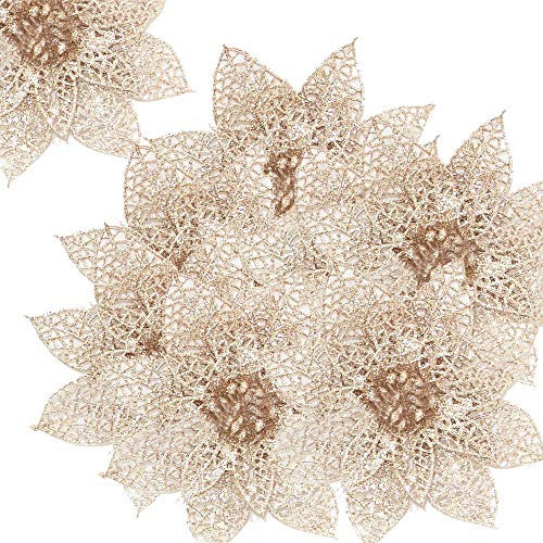 FABSELLER Künstliche Blumen, hohl, Blumen, glitzernd, 8 cm, Kunstblumen, Weihnachtsbaumschmuck, Weihnachtsbaum-Dekoration, 20 Stück, Plastik, champagnerfarben, Diameter 8cm