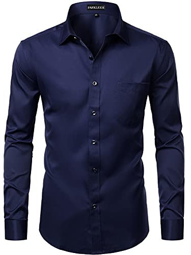 PARKLEES Men's Slim Fit Formal Long Sleeve Casual Business Party Dress Shirts with Chest Pocket Navy XL