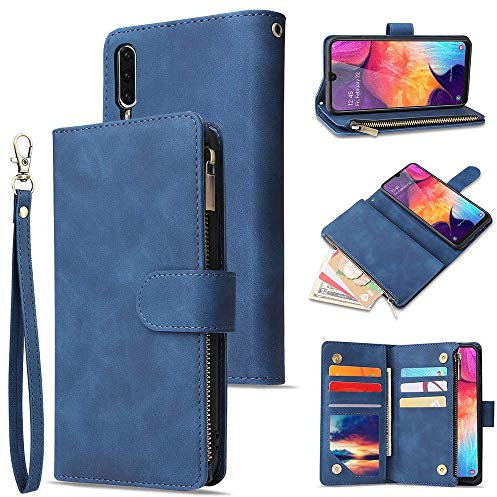 L-FADNUT A10 Wallet Case Leather for Samsung Galaxy A10 Trifold Flip Wallet Phone Case with Card Holder Magnetic Kickstand Zipper Folio Case Cover Blue