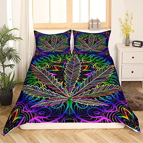 Loussiesd Marihuana Blatt Bettwäsche Set 135x200cm für Männer Erwachsene Cannabis Blätter Bettbezug Set Marihuana Weed Blatt Drucken Betten Set Dekor Psychedelic Bunt Botanisch 2St