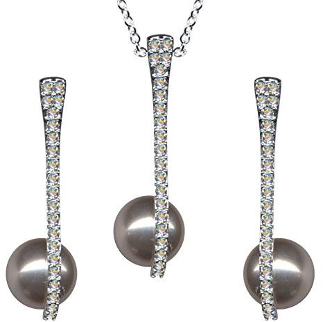 JUGENDSTIL SCHMUCKSET mit Perle/echt Sterling Silber 925 / Ohrringe + Kette + Anhänger mit Zirkonia/Steinfarbe: Weiss klar