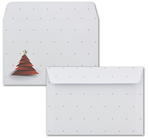 25x Briefumschläge DIN C6 in Weiß mit rotem Design Weihnachtsbaum - Haftklebung mit Abziehstreifen - 114 x 162 mm - 80 g/m² - Weihnachtsumschläge mit Motiv für Firmen und Privat