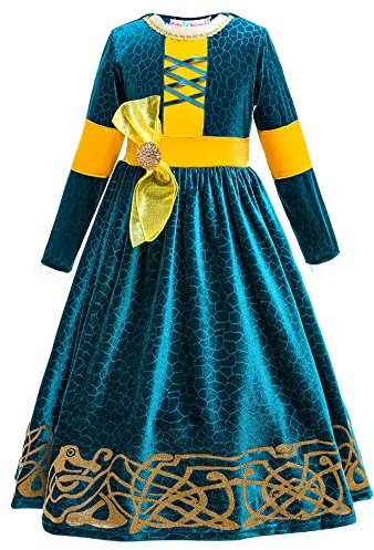 YOSICIL Merida Kleid Mädchen Prinzessinkleid Eiskönigin Krönungskleid mit Zubehöre Spiegel Krone Handschuhe für Kindergarten Geburtstag Verkleidung Party Weihnachten, Blau A, 150