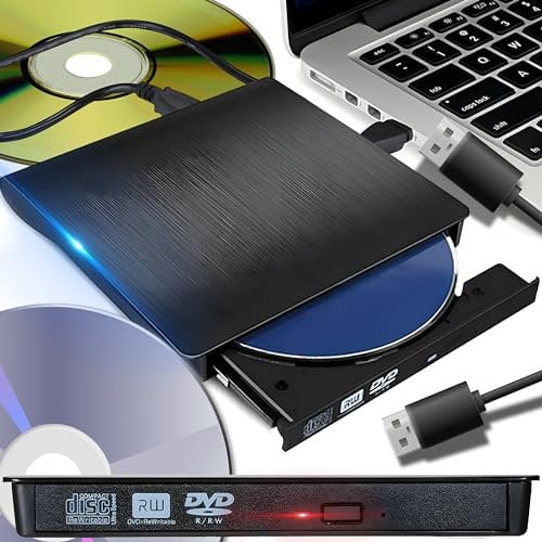 Retoo CD DVD Externo con Cable USB 3.0 A, B, Grabador portátil y Lector de bajo Ruido, Unidades de DVD Externa Portátil CD/DVD /-RW, Slim Superdrive para portátil, PC de sobremesa, Windows XP