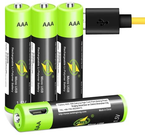 AAA Piles - 4 Paquet, Piles au Lithium Rechargeables USB 1,5 V 600 mAh, Plus de 1000 Cycles de Recharge Recyclables Triple A Li-ION, Livrées avec Câble de Charge Micro USB 4 en 1 Charge Rapide