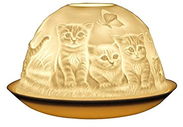 Nordic Lights Kitten Butterflies Porcelain Tealight Holder Dome | Candle Holder Projecting a 3D Image Use with Scented Candle, LED Light | Perfect Room Decor Lights | Shade & Plate Set with Gift Box