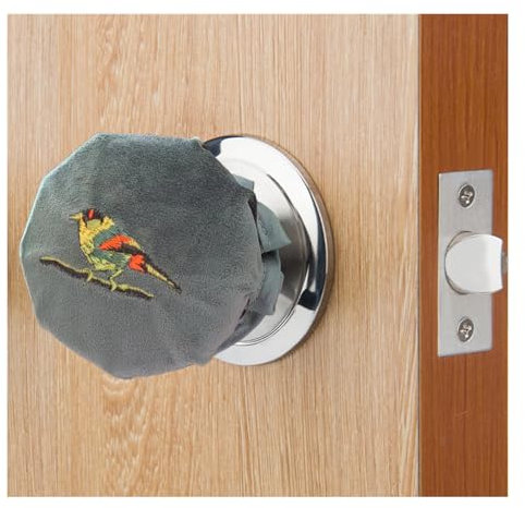 PANSHA Door Knob Cover Grey with Bird Embroidered 2 PCS, Soft Velvet Wall Protector, Decorative Door Handle Cover for Summer Anti Scald and Winter Anti Freeze Hands