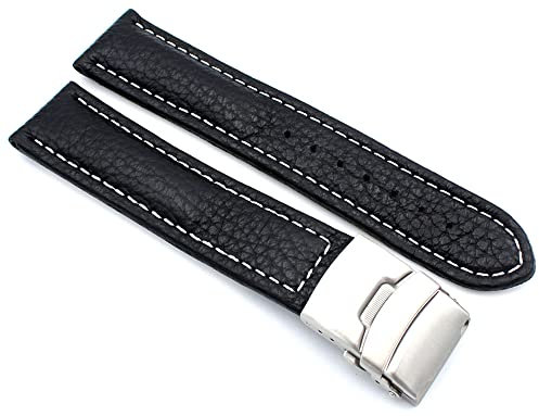 Sulla 24mm Uhrenband Genuine Leder Armband mit Faltschließe aus Edelstahl Schwarz Weiße Naht