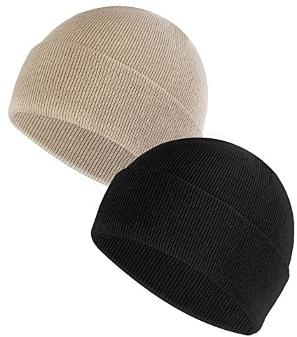 Sibba Unisex-Mütze, weich, leicht, Winter, Strickmütze, Fischermütze, warm, winddicht, Totenkopfmütze für Damen und Herren, 2 Stück, Schwarz und Beige, XL/Einheitsgröße