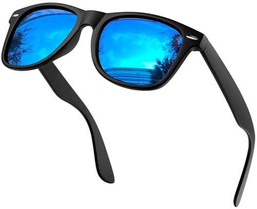 KANASTAL Occhiali da Sole Specchio Blu Uomo Donna Polarizzati UV400 Specchiati Azzurri Montatura Nero Opaco Quadrati Vintage Classici Blue Sunglasses Men per Guida Pesca Spiaggia -Lenti Blu