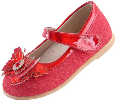 EIGHT KM Kleinkind Mädchen Kleid Schuhe Mary Jane Prinzessin Hochzeit Ballerinas Schuhe EKM7063 Sparkly Glitter Schmetterling Minerva Rot EU Größe 23