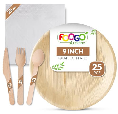 FOOGO Green 125pcs Disposable Palm Leaf Plates, Wooden Cutlery Set and White Napkins, FSC® Certified, Large Round Plates, Forks, Knives, Spoons, White Napkins, Eco Friendly