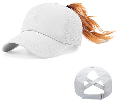 Feelorna Cappello da baseball da donna, estivo, in rete, con foro per coda di cavallo, regolabile, traspirante, per sport all'aria aperta, viaggi, bianco, Taglia unica