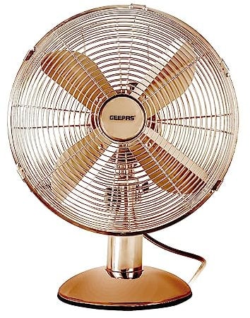 GEEPAS 12” Metal Table Fan | Electric Portable Worktop Desk Fan With 3 Speed 4 PC Aluminium Blades | Adjustable Tilt Wide Angled Oscillation Powerful Airflow for Home Office Use, Copper 35W