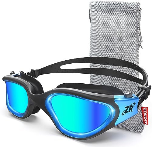 ZIONOR Lunettes de natation polarisées pour homme et femme, G1 Lunettes de natation avec miroir/lentille fumée, protection UV, anti-brouillard, sangle réglable (G1-MAX-BlackBlue-Gold)