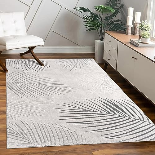 Paco Home Teppich Wohnzimmer Schlafzimmer Moderner Kurzflor glänzendes Palmen-Muster Florales Design Geometrisch Hoch-Tief-Effekt 3D, Grösse:80x300 cm, Farbe:Grau 2