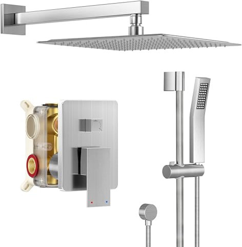 HomGoo Duscharmatur, Wandmontage, Gleitstange, Duscharmatur-Set, Hochdruck, 25,4 cm, Regenduschkopf mit Handbrause-System, Dusch-Kombi-Set mit Duschventil, gebürstetes Nickel