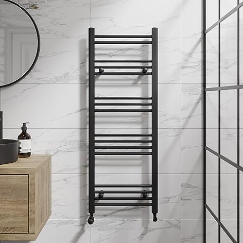 DuraTherm® 1200 x 600mm Flat Straight Heated Towel Rail Radiator Modern Central Heating Bathroom Warmer Wall Mounted Ladder Rad, Matt Black