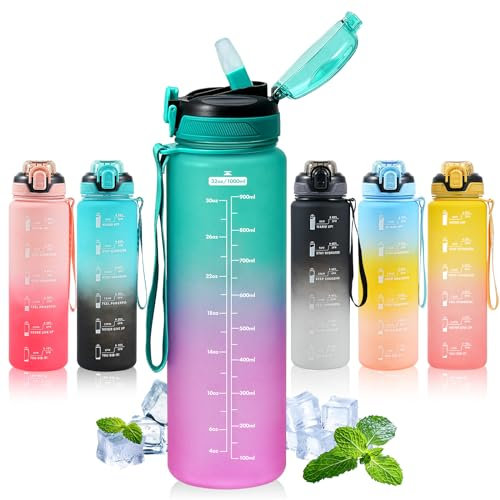 SEASEVEN Water Bottle with Straw 1L,Boys Water Bottles with Straw 1 Litre,Waterbottle Leak-Proof Sports Water Bottle,Plastic Drinks Bottles Toxin Free,Bpa-Free (Gradient Green-Pink)