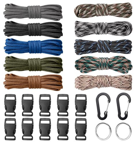 AYMQC Kits Combinados de Cuerda de Paracaídas Cordón de Paracaídas 550 Tipo Cuerdas de Supervivencia Kits de Manualidades para Pulseras con 10 Hebillas de Liberación 2 Mosquetones 2 Llaveros