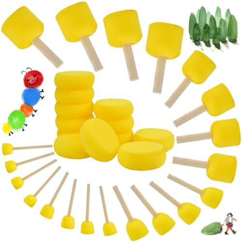 EMAGEREN 32 Stück Schwammstupf Pinsel,7.3/5/4/3/2/1.5cm Schwamm Pinsel,Schwammstempel Schwammpinsel Schaumstoffpinsel Rund Gelb Schwamm Stupfpinsel für DIY Malerei Handwerk Basteln