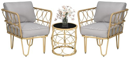 Outsunny Salon de Jardin bistrot, Ensemble bistrot de Jardin 3 pièces Cadre en Acier 2 fauteuils + 1 Table Basse Ronde avec Plateau en Verre trempé, Coussins Inclus Beige, Gris
