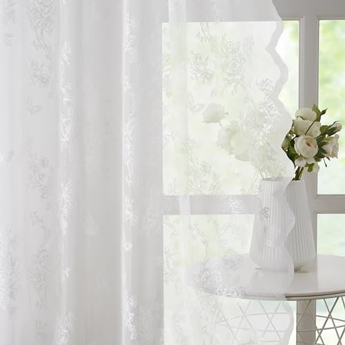 Bujasso Weiße Spitzenvorhänge, Vintage-Blumenmuster, 160 cm, Stangentasche, lichtfilternd, viktorianisch, gewellt, weiße Spitze, durchscheinende Vorhänge für Wohnzimmer, Schlafzimmer, 2 Paneele, 137,2