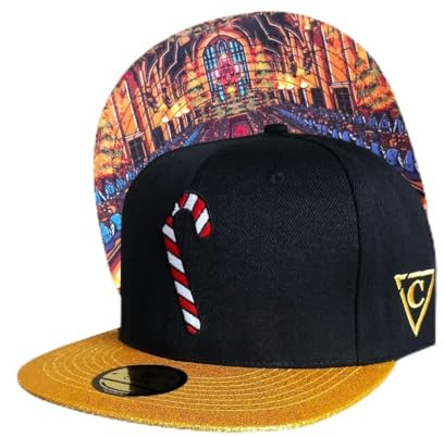 Capiche [99+ Variantes] Casquette Snapback Holiday Feast pour Enfants – Chapeau Noir avec Broderie Canne en Sucre, Bord pailleté doré, sous-visière Salle à Manger Festive