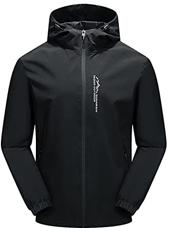 Veste softshell imperméable pour homme avec capuche - Veste de randonnée légère et respirante - Coupe-vent - Veste fine - Veste de pluie pour l'extérieur, le camping, les loisirs, Noir , M