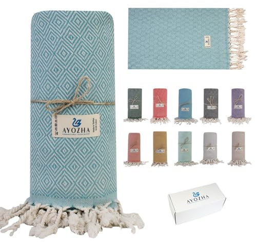 AYOZHA Luxus Hamamtuch XXL 180x95 cm - 100% Baumwolle schnelltrocknend sandfrei vorgewaschen kompakt - Perfekt für Strand, Sauna, Picknick und Reise (Türkis)