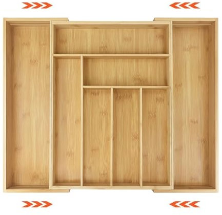 Bamboo Cutlery Tray with 6-8 Compartment, Adjustable Utensil Holder 32cm to 52cm Length Easily Fit for Drawers, Multi-function Wooden Drawer Organiser for Forks, Knives, Stationery, Tools