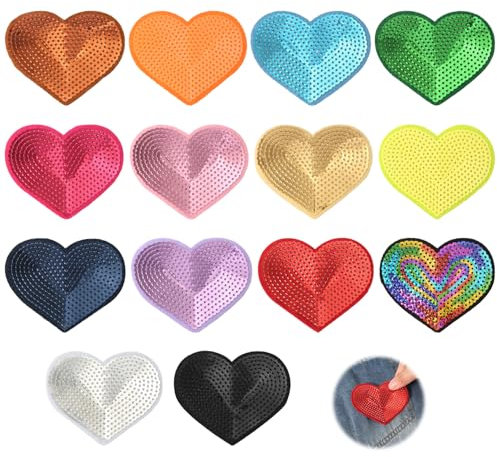 14stk Pailletten Herz Patches, Glitzernde Herzförmige Patches Stickerei zum Aufbügeln und Aufnähen Applikationen für Kleidung Taschen Jacken Jeans Accessoires Basteldekoration