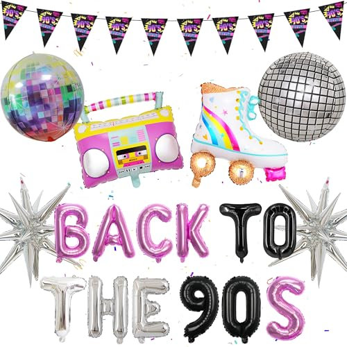 90er Jahre Party Discokugel Ballon - 28 Stück Glitzer Disco Deko, Radio, Rollschuhe, Back to the 90s Alphabet Ballons Banner, Spiegelball, Explodierender Stern, Wimpel für Rockpartys Geburtstagsfeiern