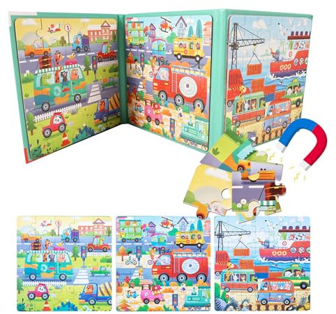 Fahrzeuge Magnetische Puzzle für Kinder - Magnetische Kinderpuzzle ab 3 Jahre - 25/30/42 Teile Schiffe, Autos, Flugzeuge, Ampeln, Tier, Kinderpuzzle - Reisespiele Magnetisch für Kinder im Autofahrt