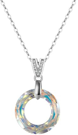 HeyMeili Collar de Plata de Ley 925 con Colgante Cristales de Austriacos Regalos de Cumpleaños para Mujeres y Chicas, Forma Círculo