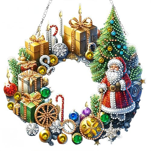 Diamond Painting Weihnachten,Deko Weihnachten,DIY Weihnachtsbonbonglas Bastelset Diamond Painting Weihnachten Anhänger mit Kette,Fensterbilder Wandbehang Kits für Fenster Wand Eingang Garten Decor (1)