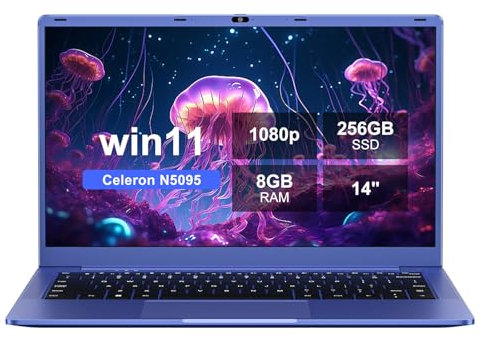 Ruzava 14 Ordenador Portátil 8GB RAM 256GB SSD expandir hasta 1 TB Celeron N5095 (hasta 2.9Ghz) 4 núcleos Win 11, Carcasa metálica Mouse inalámbrico,filmación de Teclado-Purple