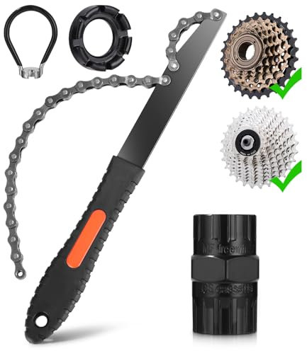 Kettenpeitsche,Zahnkranzabzieher,Schraubkranz Abzieher Kit,2 in 1 Universal Freilauf Entferner Werkzeug für 5-12 Fach Kassette,Speichenschlüssel Fahrrad aus Stahl,Speichenspanner-6 Größen 10-15 Gauge