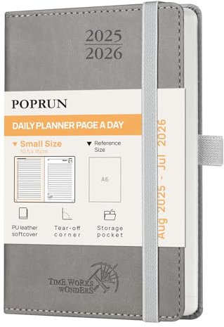 POPRUN Tagesplaner 2025 2026 16 x 10,5 cm, Tageskalender A6 1 Tag 1 Seite (Montag - Sonntag), Terminplaner (Aug.2025-Jul.2026) Softcover mit PU-Leder - Grau