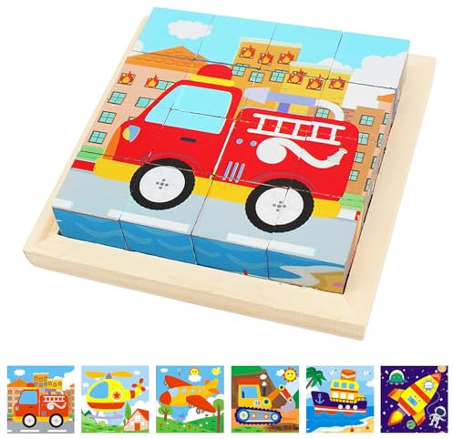 Würfelpuzzle Holz, 3D Bilderwürfel Puzzlespiele, 6 in 1 Tier-Motive Holzpuzzle Montessori Spielzeug mit 16 Würfel Lernspielzeug Holzspielzeug Geschenk für ab 1-8Jahren Jungen und Mädchen (Verbindung)
