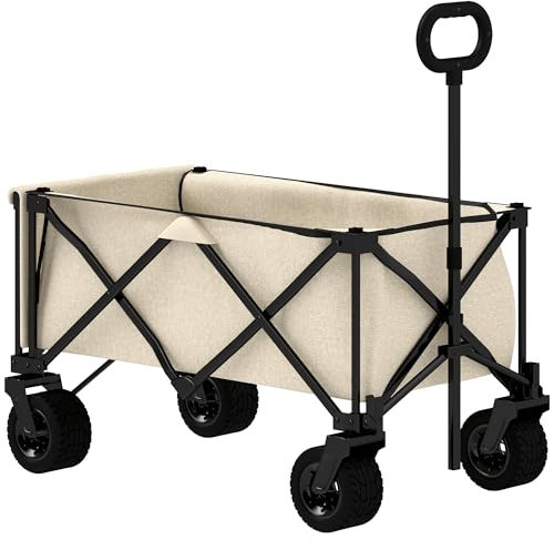 Outsunny Gartenwagen 100 kg belastbar, klappbar Transportwagen mit herausnehmbare Plane, Griff, Rädern, Bollerwagen Handwagen Gartenkarre 138 Liter, Gerätewagen für Haus, Garten Beige