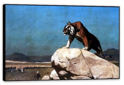 Hau3sh3a Tiger auf der Uhr by Jean Léon Gérôme Canvas Pictures Famous Painting Abstract Giclee Print on Canvas for living room bedroom60x40cm(24x16in) Black Framed