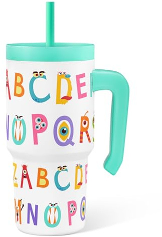Alphabet Tumbler 20oz with Handle and Silicone Straw Lid for Kid, Insulated Stainless Steel Cup with Monster Design, Gift for Kids Girls Boys, Gifts Idea for Birthday Christmas Back to School