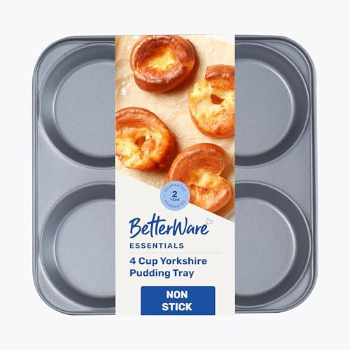 BetterWare Essentials 4 Cup Non-Stick Yorkshire Pudding Tray | Low-Carbon Steel | Dishwasher & Freezer Safe | Stackable Design