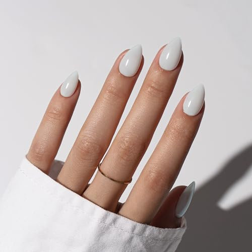 KQueenest White Press on Nails Short Almond, Short False Nails Press ons, Sheer Milky White Fake Nails Medium Stiletto, Glossy Opaque, Reusable Soft Gel Stick on Nail for Women, 30 Pcs